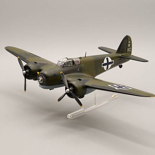 Photorealistic CGI of a WWII-era, olive-green, twin-engine military bomber with black propellers, white star insignia, and landing gear,