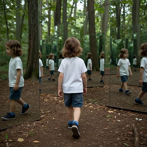 Photograph of a young boy with brown hair, wearing a white t-shirt, blue shorts, and blue socks, walking away from a mirrored forest,