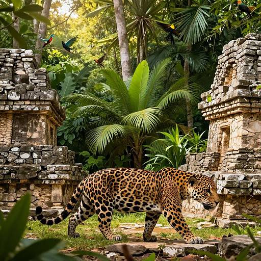 Jaguar in Ancient Mayan Jungle