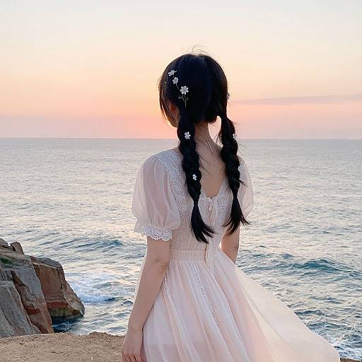Photograph of a woman with long black braids, white lace dress, and flower hairpins, standing by a rocky seaside at sunset.