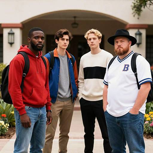 Photograph of four diverse men standing outdoors: African-American in red hoodie, brown-haired in blue jacket, blond in black-and-white sweater, and be