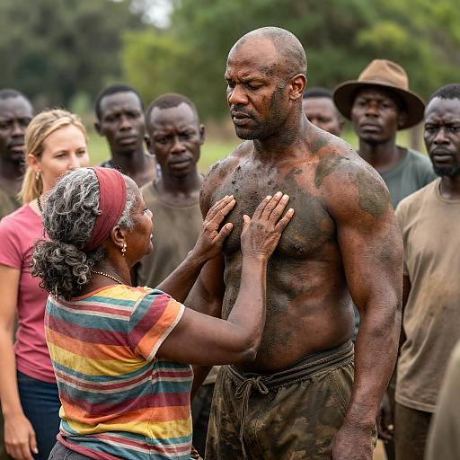 Muscular Bald Man Surrounded by Friends