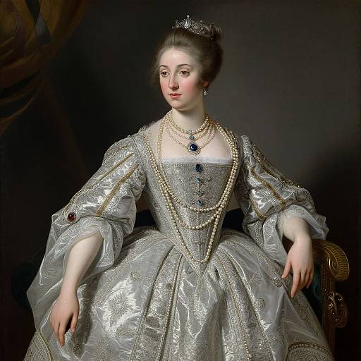 Baroque-style portrait of a regal, fair-skinned woman in an elaborate, silver-embroidered gown with pearl necklaces, tiara