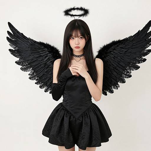 Digital illustration of an Asian woman with long black hair, black angel wings, halo, black dress, and choker, standing against a white background.