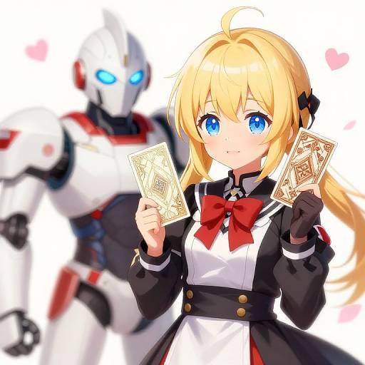 Anime Blonde Girl and Robot Card Duel