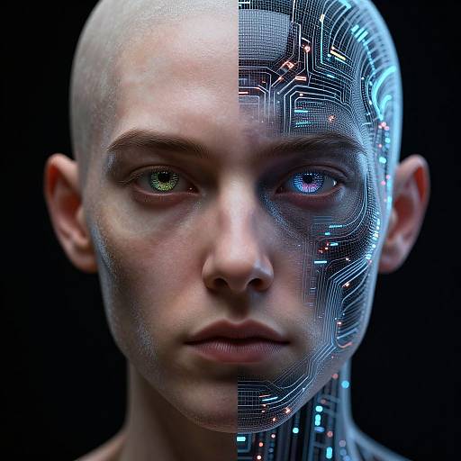 Digital CGI portrait of a bald, androgynous person with a split face: left side human, right side cybernetic with glowing blue circuits
