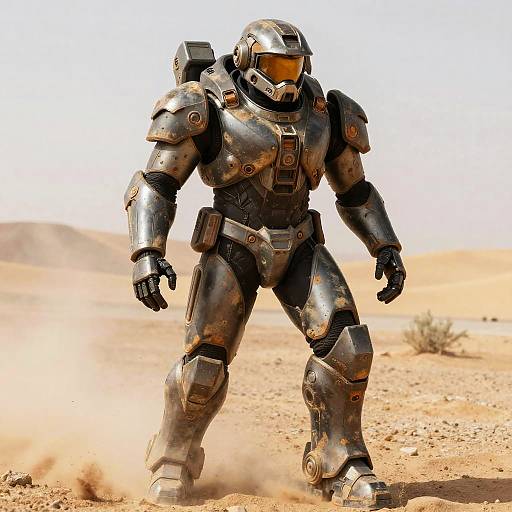 Photograph of a heavily armored, futuristic soldier in dark, dusty, metallic armor standing in a sandy desert with a clear, bright sky.