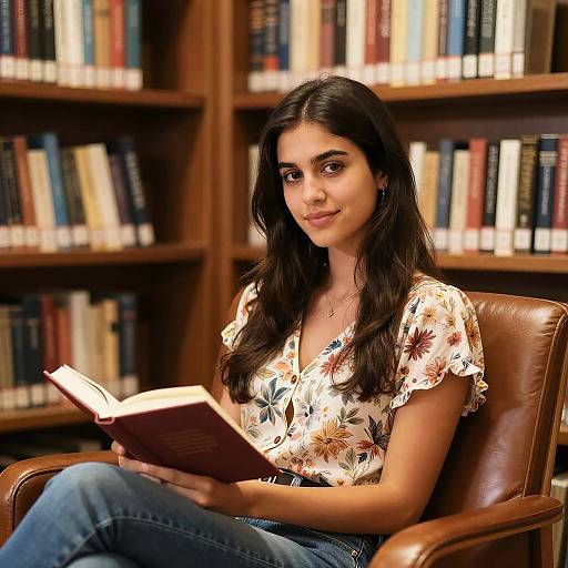Photograph of a young woman with long dark hair, wearing a floral blouse and blue jeans, reading a book in a wooden bookshelf-filled library.