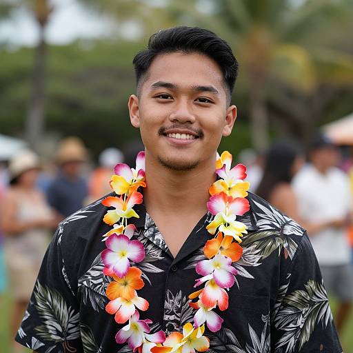 Photograph of a smiling Asian man with short black hair, wearing a black floral shirt and a colorful Hawaiian lei, standing outdoors with a blurred crowd in