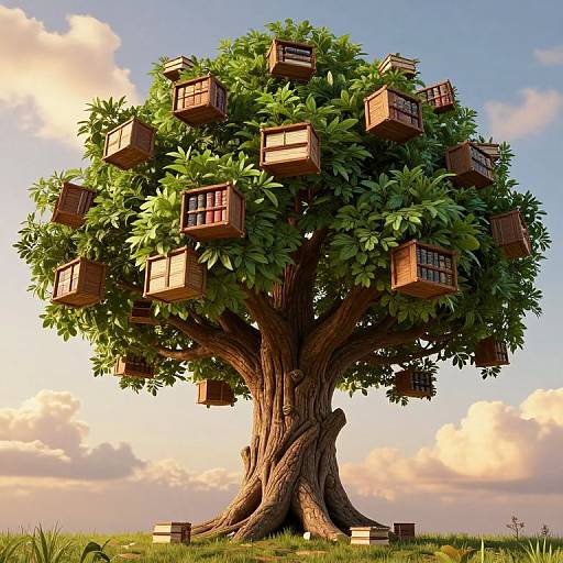 Digital artwork of a large, leafy tree with numerous wooden birdhouses hanging from its branches, set against a bright, cloudy sky.