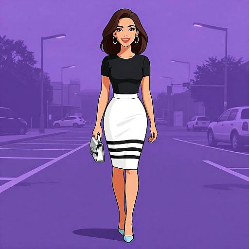 Digital drawing of a stylish woman with brown hair, black top, white and black striped skirt, blue heels, holding a clutch, walking on a purple