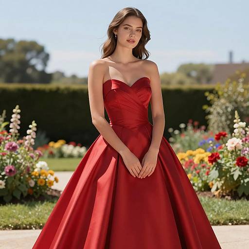 Young Woman in Red Ball Gown in Garden