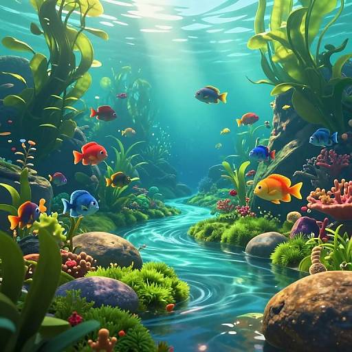 Vibrant underwater scene with colorful fish, lush greenery, coral, and a flowing river, illuminated by sunlight filtering through the water.