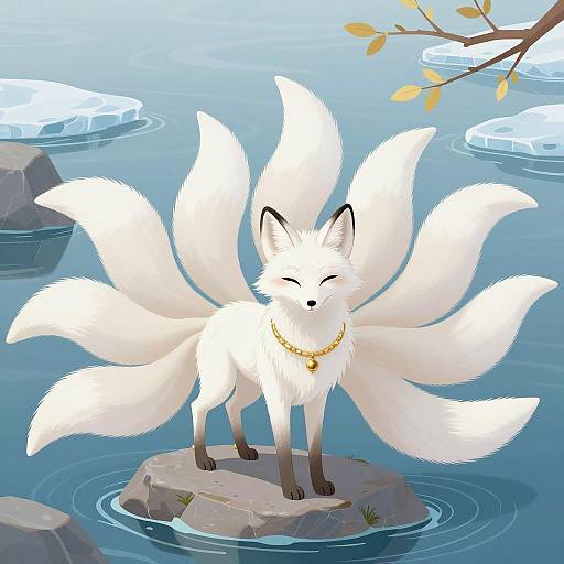 Majestic Nine-Tailed White Fox Illustration
