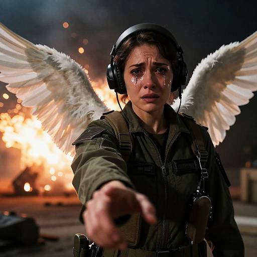Worried Pilot with Angelic Wings Amid Chaos