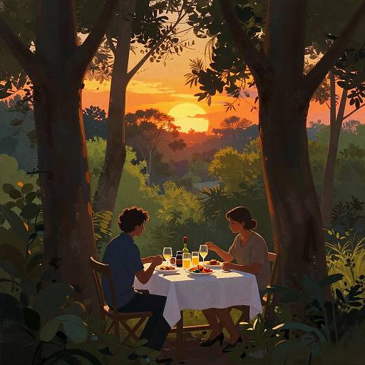 Vibrant Brunch Through Tree Silhouettes