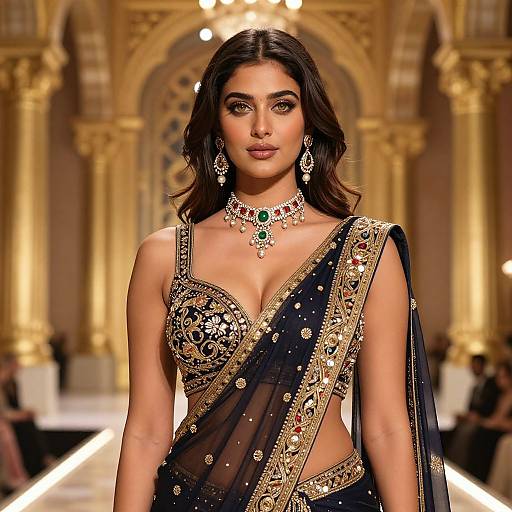 Photograph of an Indian model on a golden archway runway, wearing a black and gold embroidered traditional sari, matching jewelry, and confident expression.