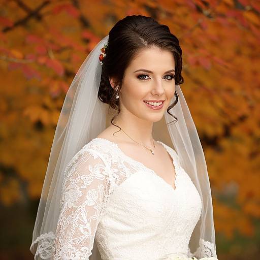 Photograph of a smiling bride with fair skin, dark hair in an updo, lace wedding dress, and white veil, standing against an autumnal