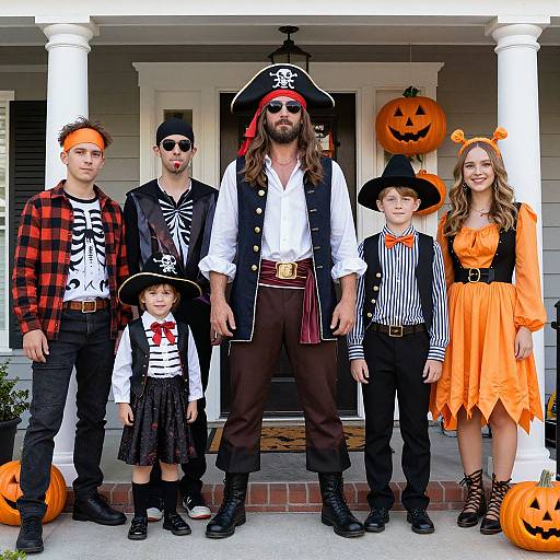 Photograph of a family in pirate and Halloween costumes standing on a porch with carved pumpkins, white columns, and red brick.