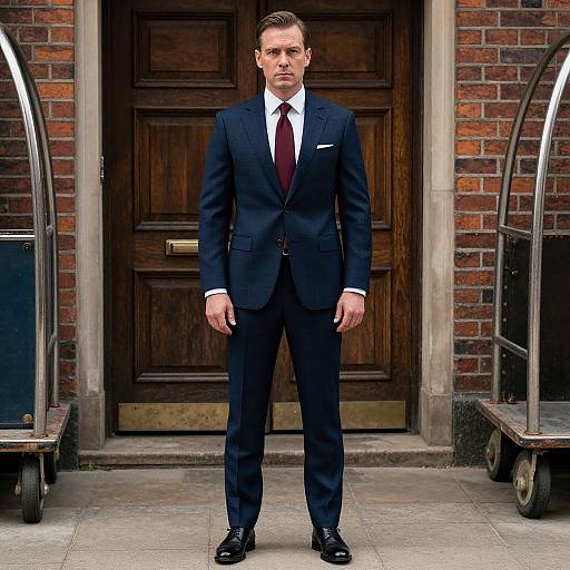 Photograph of a serious, handsome man in a dark navy suit, white shirt, and maroon tie, standing in front of a wooden door fl