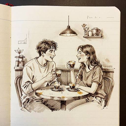 Couple Sharing Espresso in Cozy Coffee Shop Sketch