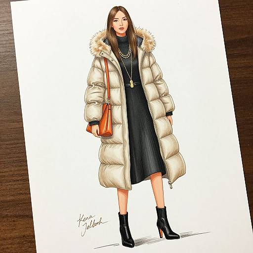 Digital illustration of a stylish woman in a puffy white parka, black dress, black boots, orange handbag, and gold necklace. Signature in