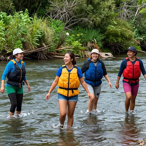 Four smiling friends wading in a lush, green forest creek wearing life jackets; vibrant colors, joyful expressions, and clear water. Photograph.
