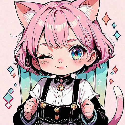 Chibi Character with Cat Ears and Pink Hair