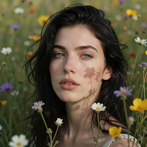 Photograph of a pale-skinned woman with black, wavy hair, blue eyes, and full lips, surrounded by colorful wildflowers in a sun