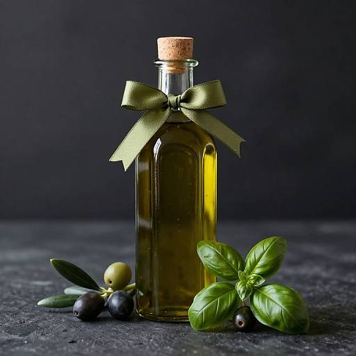 Photograph of a glass bottle of golden olive oil with a green ribbon and cork, surrounded by green basil leaves, black and green olives, on