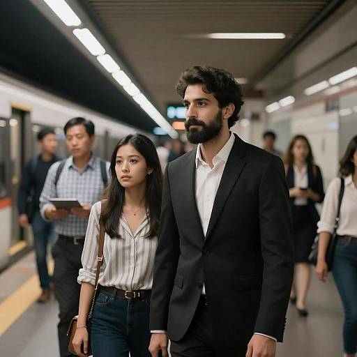 Couple in Busy Curved Subway Station