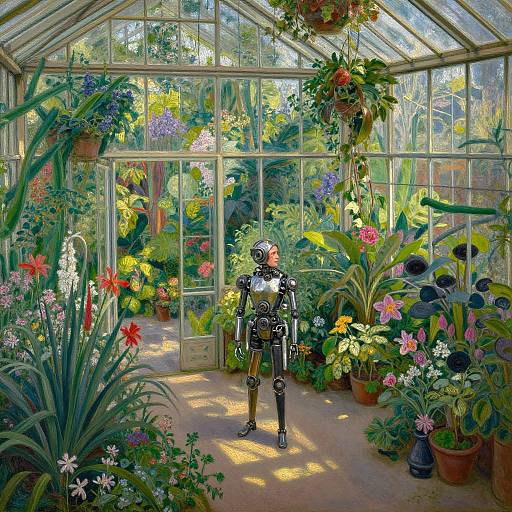 Digital painting of a shiny, humanoid robot standing in a vibrant, sunlit greenhouse filled with colorful flowers, lush green plants, and hanging baskets.