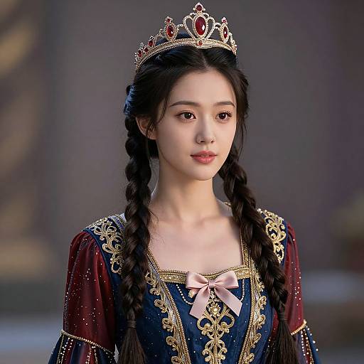 Photograph of an East Asian woman with braided hair, wearing a red and gold ornate dress, pink bow, and jeweled crown, against