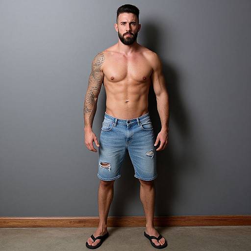 Photograph of a muscular, bearded man with tattoos on his right arm, wearing blue denim shorts, black flip-flops, and standing against a