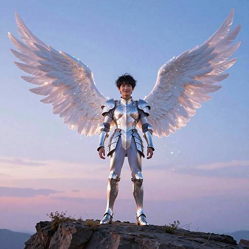 Photograph of a young man with large, glowing white wings, wearing silver armor, standing on a rocky cliff at sunset.