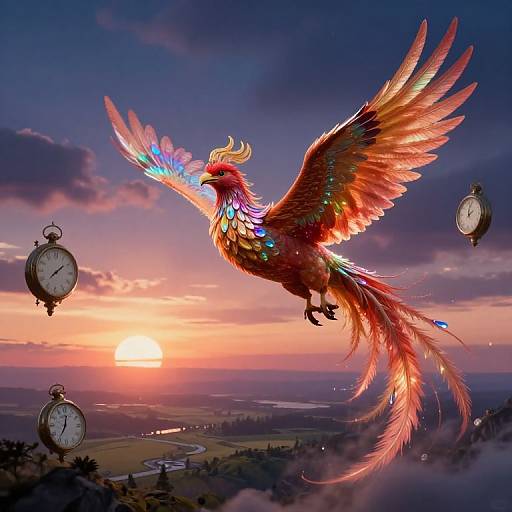 Digital artwork of a vibrant, rainbow-feathered phoenix with glowing accents soaring at sunset, surrounded by floating pocket watches, over a misty valley landscape