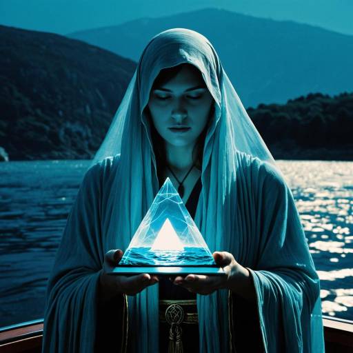 Veiled Oracle Holding Glowing Pyramid on River