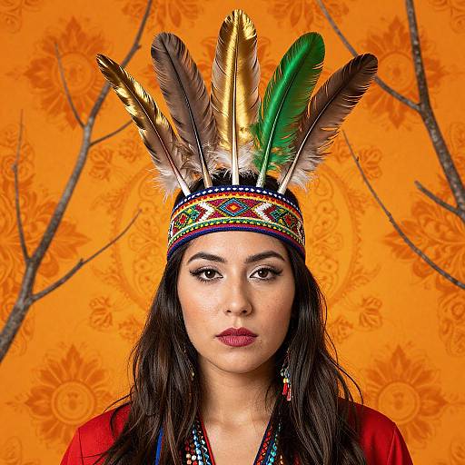 Photograph of a woman with long dark hair, wearing a colorful feathered headband, red top, and orange floral background.