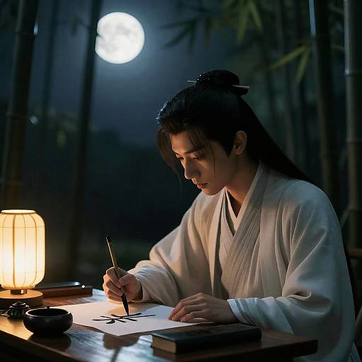 Young Calligrapher Practicing Under Moonlight