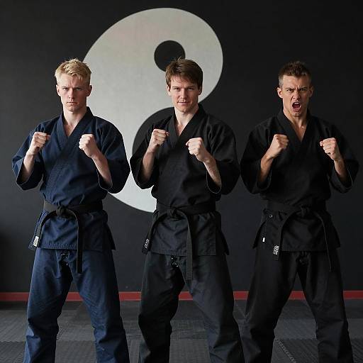 Dynamic Trio in Martial Arts Uniforms