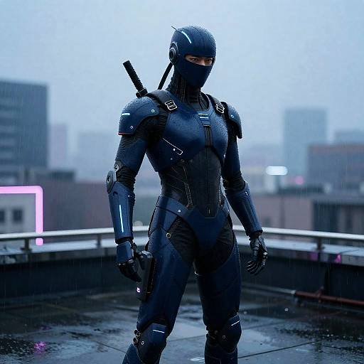 Midnight Blue Android Ninja Neon Rooftop
