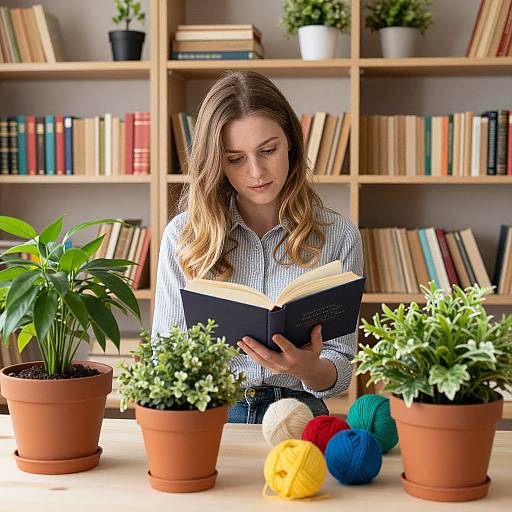 Photograph of a blonde woman in a striped shirt reading a book in a library-like room, surrounded by potted plants and colorful yarn balls.