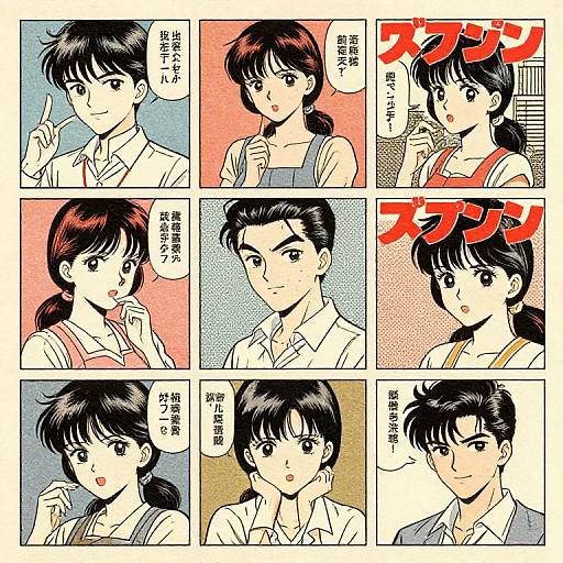 Manga-style comic strip featuring a black-haired man and woman with varying expressions and speech bubbles in Japanese, set against colored backgrounds.