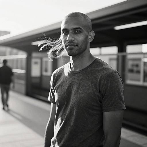Black-and-white photograph of a bald, bearded man with long sideburns, wearing a t-shirt, standing on a train platform. Blurred