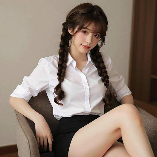 Photograph of a young Asian woman with long braided hair, wearing a white button-up shirt and black skirt, sitting in a gray chair with one
