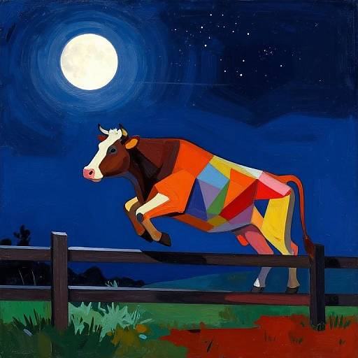 Abstract Picasso-Inspired Cow Jumping Scene