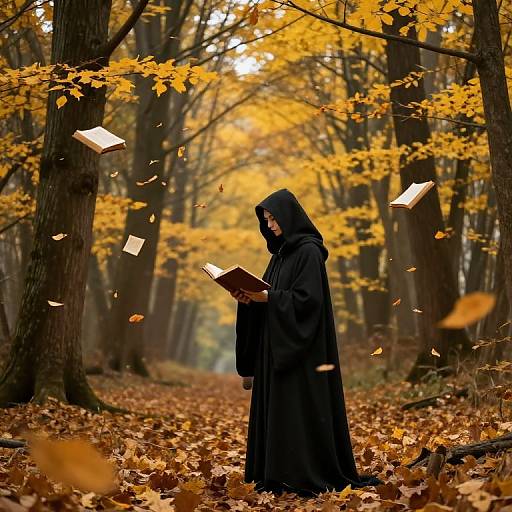 Photograph of a hooded figure in black robe, standing in autumn forest, reading book with yellow leaves floating around.