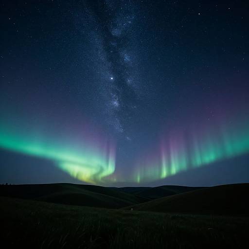 Photograph of a night sky with the Milky Way galaxy visible above, featuring vibrant green and purple auroras over dark, rolling hills.