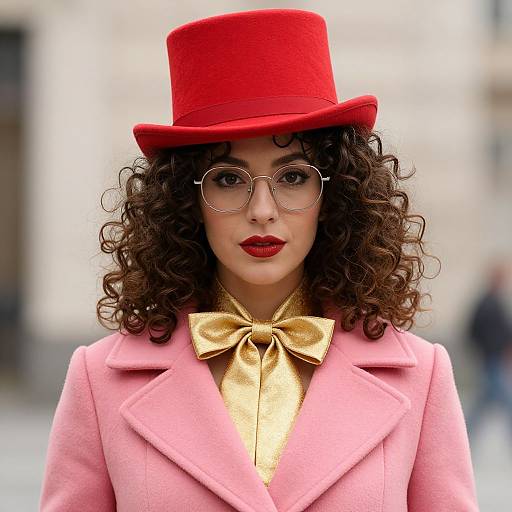 Woman with Curly Hair and Red Top Hat
