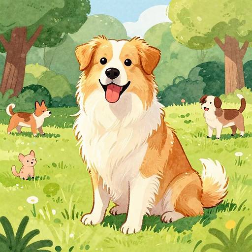 Digital illustration of a happy, fluffy orange and white dog sitting in a sunlit, green forest with three playful dogs and a pink cat in the background